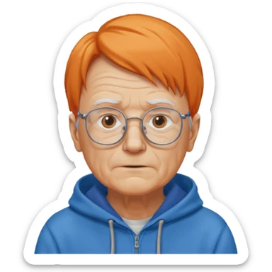 old man, orange straight hair, no mustache, wearing glasses, long face, wearing a blue hoodie sticker
