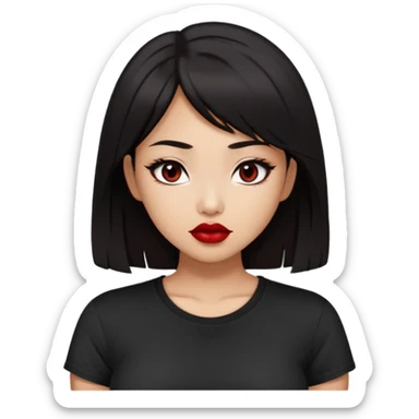 Dark haired Asian looking girl with dark eyes wearing a black t-shirt and large breasts. Lips with dark red lipstick
 sticker