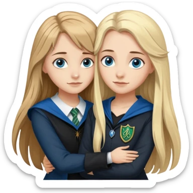 a pretty ravenclaw girl with long brown hair and blue eyes standing with a hot Slytherin girl with long blonde hair, blue eyes sticker