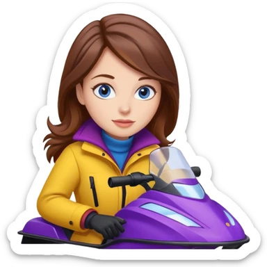 Brown hair, blue eyes, Woman wearing red coat  on purple and yellow snowmobile sticker