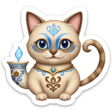 Happy Siamese cat holding an ornate tea cup between its front two paws sticker