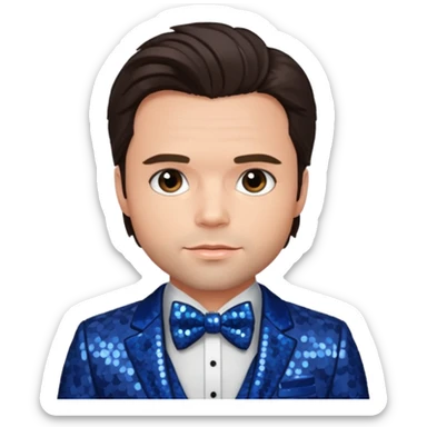 Sebastian Stan with dark brown hair, indigo sequin suit with bow tie sticker