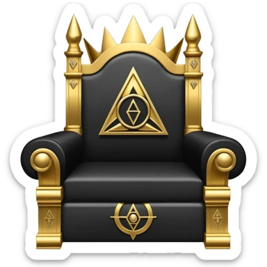 wide big iron black Illuminati throne with gold details and symbols sticker