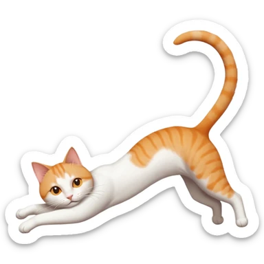 ginger and white cat with orange eyes doing a big extremely long stretch reaching up into the air with arms and legs side by side together straight and overextended whilst lying on its side sticker