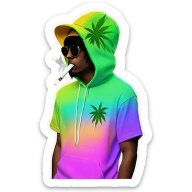 Hemp leaves Multicoloured neon person smoking wearing hoodie dancing hip hop bucket hat tropical Skater fashion aesthetic baggy clothes graphic t shirt 420 sticker