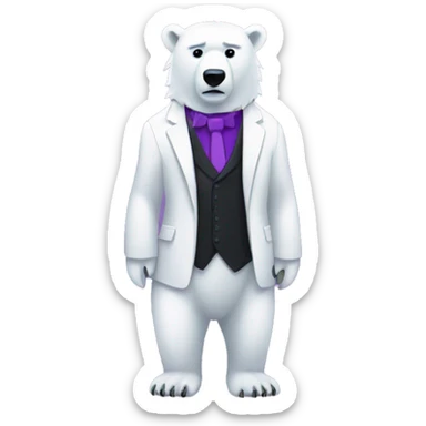 knarfy the polar bear in a black suit with a purple shirt under it on a squar plane with pixels. sticker