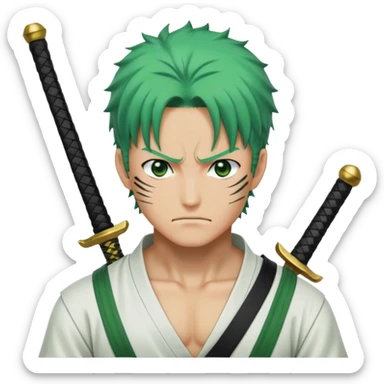 Roronoa Zoro with green hair, three swords, white shirt, green haramaki sticker