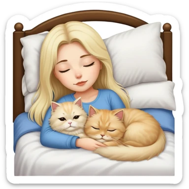pretty girl with dark long hair sleeping with blonde fluffy  persian cat in bed sticker