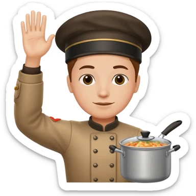 one hand needs to be saluting so right arm saluting , left arm holding cooking item sticker