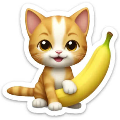 A small very cute kitten with ginger fur holding a huge banana. sticker