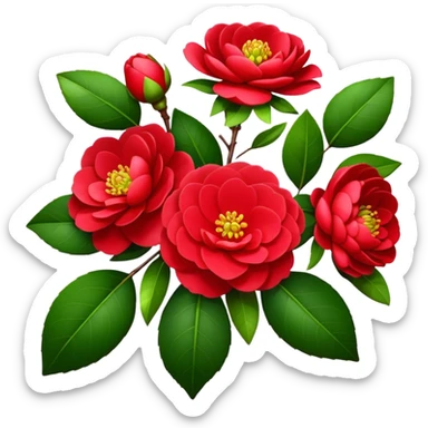 bouquet Red Camellia, luxuriant, stem, leaf, bud sticker