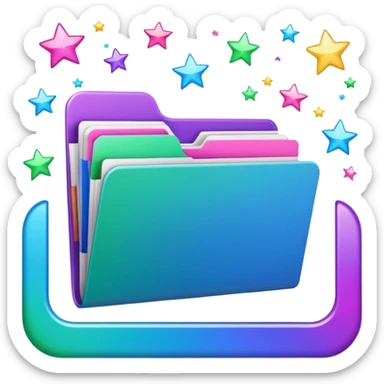 small cute folder icon emoji style, slightly open at the top, several colorful divider tabs peeking out (blue, green, pink, purple), white label area on the front with the word 'Titles', sparkles around the folder sticker