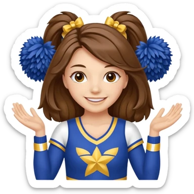 cheerleader with long brown hair and 2 pom poms blue and gold in each hand sticker