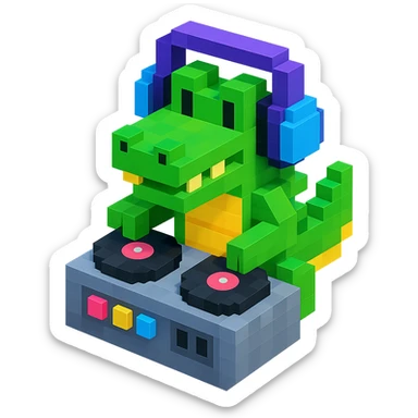 voxel style crocodile DJ with headphones and turntable, isometric view sticker