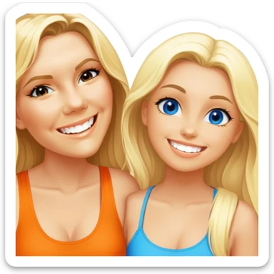 Two girls both have long blonde hair standing cheek to cheek on a beach with one girl wearing an orange shirt and the second girl wearing a tank top both have bright white teeth and smiling both have beautiful blue colored eyes sticker