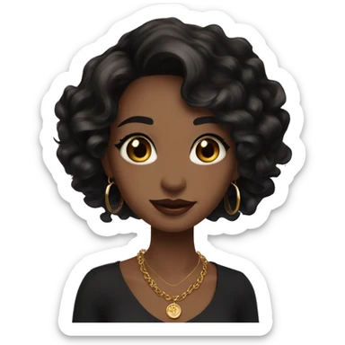 beautiful girl, hazel eyes, shoulder length medium black wavy hair, small rosy lips, hoop earrings and small gold necklace  sticker