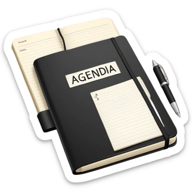 A classic black Moleskine notebook open to show a page with 'AGENDA' written at the top and meeting items listed below with bullet points sticker