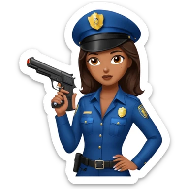 A sexy girl. with caramel skin. Dark brown hair and brown eyes. She has freckles. Wearing sexy makeup. Dressed as a sexy cop. Wearing heels. Holding a gun sticker