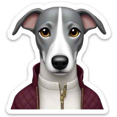 Grey and white whippet in burgundy quilted jacket sticker