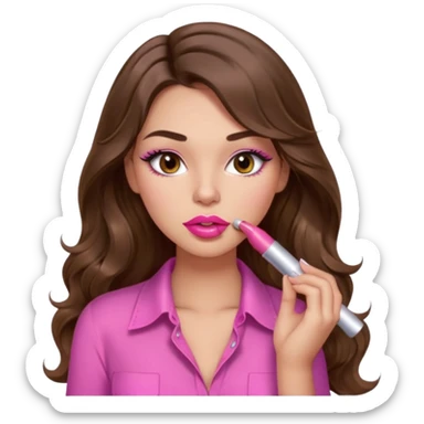 girl with long wavy brown hair, brown eyes, light to medium complexion, in a pink sexy shirt, pink lips, long lashes, puckered lips, putting on lipstick sticker