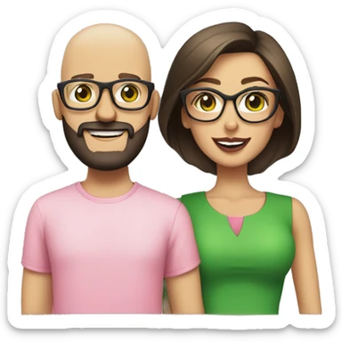 a couple, a brunette woman with green eyes, transparent pink-framed glasses with a black t-shirt and big lips next to a bald man, green eyes, beard, nice smile and cream blouse sticker