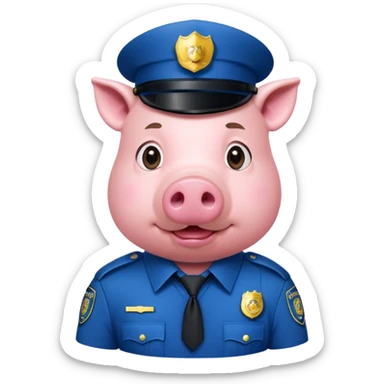 a pig, upright, in a police officer uniform, drooling, eyes looking to the bottom left sticker