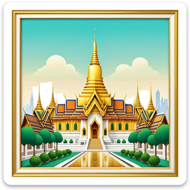 Cinematic Realistic Grand Palace Bangkok Landmark Emoji, showcasing the opulent golden spires, intricate Thai architecture, and the Emerald Buddha Temple set within a vibrant, manicured courtyard. sticker