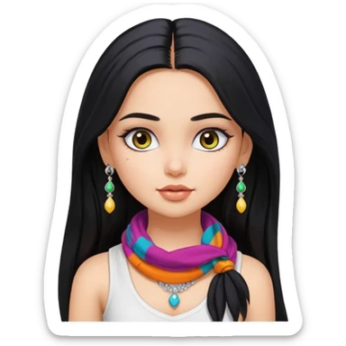 a pretty bratz girl with long black hair, kajal under eyes, small silver jhumkas. White tank top on. Colourful scarf around neck sticker