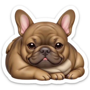 Cinematic Meme-Worthy Chubby Sleeping Brindle French Bulldog Portrait Emoji, Head resting peacefully with a contented smile, showcasing a delightfully chubby build and a luxuriously soft brindle coat with subtle fawn highlights, eyes shut in a serene nap, Simplified yet hilariously adorable features, highly detailed, glowing with a soft, drowsy light, high shine, relaxed and utterly lovable, stylized with an air of playful laziness, bright and heartwarming, soft glowing outline, capturing the essence of a comically sleepy companion, so meme-worthy it feels like it could instantly become the next viral sensation of adorable slumber! sticker