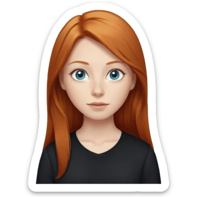 Ginger head woman with long hair and lightblue eyes, straight nose, almond eyes, black shirt,  sticker