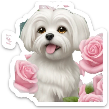  white maltese dog and pink roses  sticker