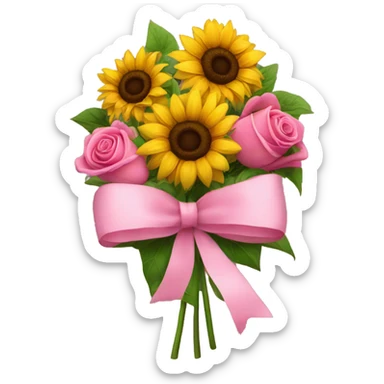 sunflower bouquet with roses and a pink bow sticker