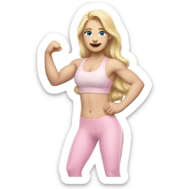 Woman, white skin, pale skin, long hair, blonde hair, blue eyes, wavy hair, baby pink sports bra, baby pink leggings, flexing one arm up sticker