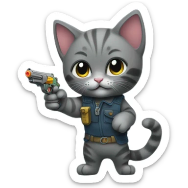 charcoal kitten pointing a waterpistol sticker