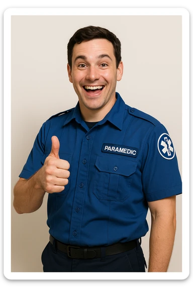 male paramedic in a blue uniform, giving a thumbs up, cheerful, simple background sticker