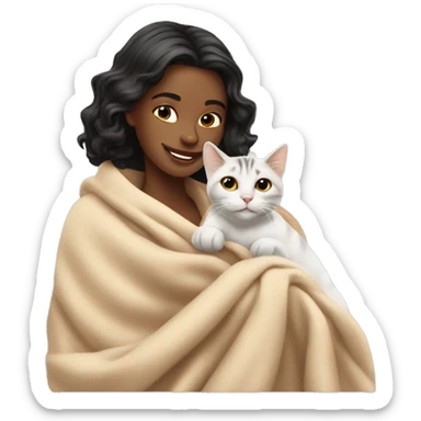 pretty woman petting cat in beige blanket sticker