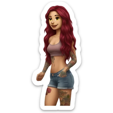 Beautiful tattooed burgundy long haired woman washing a car sticker