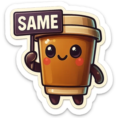 Tall coffee cup, no mouth, holding sign "same" sticker