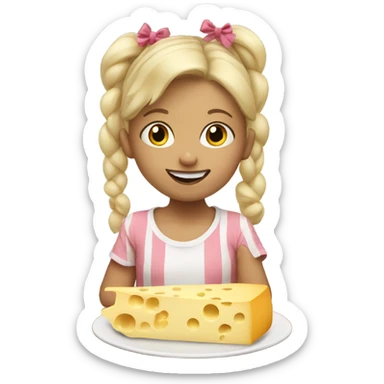 Blonde child with pigtails with bows eating cheese sticker