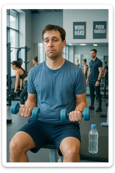 Modern gym scene with a man in sporty clothing lifting light dumbbells (2 kg) with a slightly disengaged expression. Sweaty, focused athletes in the background, trainer present. Untouched water bottle near the man, motivational posters on the wall. Clean mirrors, lightly used equipment. Cool colors, clean environment, vertical format. sticker