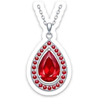 enchanted ruby talisman, teardrop shape, glowing with life force, encircled by white stones on a floating silver chain sticker