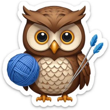 Owl holding blue yarn ball and knitting needles sticker