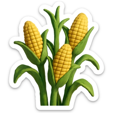 close-up of corn stalks with ears of corn, gentle sunlight, pastel background, claymation style sticker