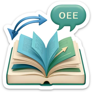 Create an emoji representing language translation. The design should feature an open book or a document with text in multiple languages (e.g., English, Spanish, Chinese), and a translation icon (such as an arrow between two languages) to symbolize the process of converting text. Include elements like a globe or a speech bubble to represent global communication. Use clear, simple lines and a color palette with blues, greens, and subtle neutral tones to convey the idea of clarity and understanding. Make the background transparent. sticker