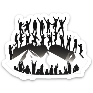 silhouettes of people on a mountain or elevated terrain. Some individuals are reaching out to help others climb up, symbolizing teamwork, support, or assistance. sticker