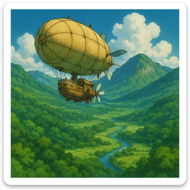 flying airship over a lush green valley sticker