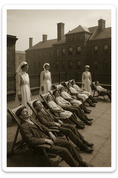 A realistic cinematic image of a hospital rooftop solarium from the 1900s, patients sunbathing under nurse supervision for heliotherapy against tuberculosis and rickets. sticker