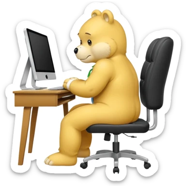 Yellow Care bear sad in suit back view, sit on a chair, working on a computer, with a big desk sticker
