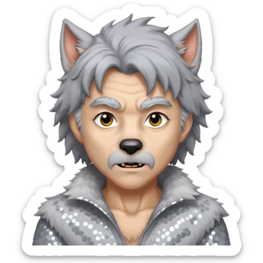 The Werewolf with grey hair and fur, white sequin outfit sticker