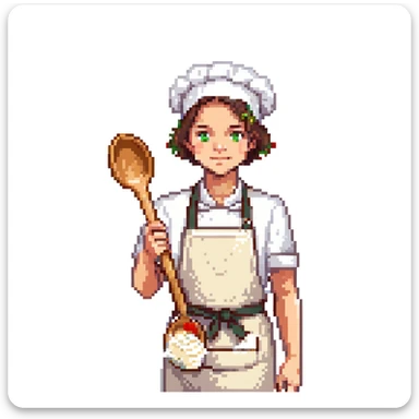 Portrait of a young baker with a simple cloth apron, flour on his hands and cheeks, holding a wooden spoon, skeuomorphism style sticker